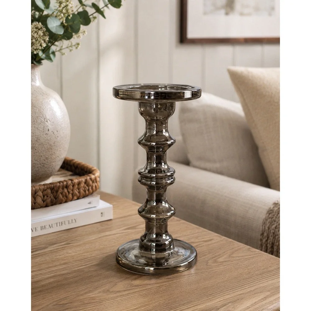Smoky Gray Glass Pillar Candle Holder | Modern Vintage Decor
